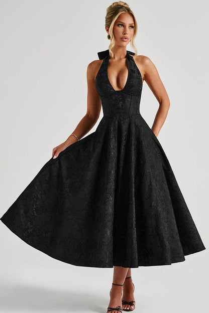 Enchanting Halter-Neck Jacquard Textured Pattern Cinched Waist Flared Maxi Dress
