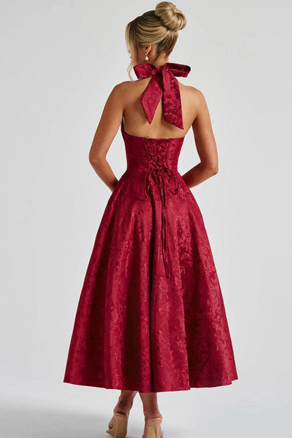Enchanting Halter-Neck Jacquard Textured Pattern Cinched Waist Flared Maxi Dress