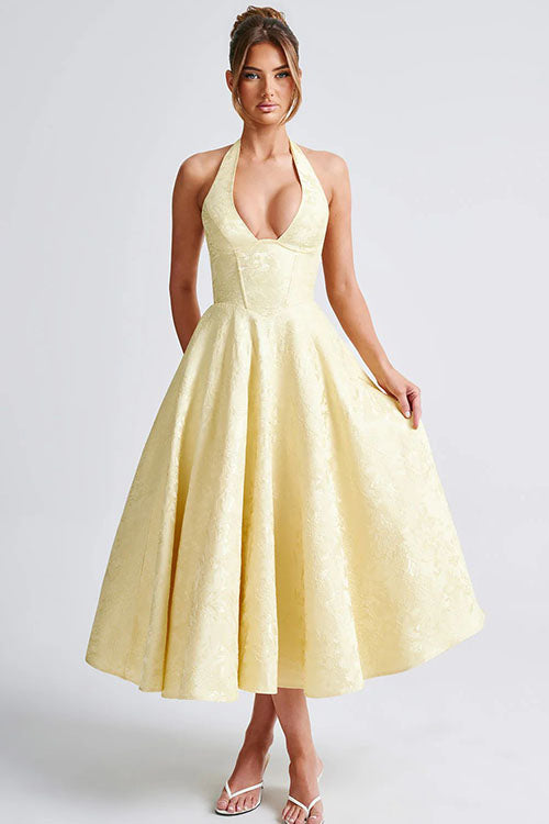 Enchanting Halter-Neck Jacquard Textured Pattern Cinched Waist Flared Maxi Dress