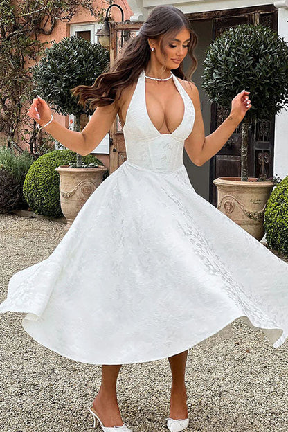 Enchanting Halter-Neck Jacquard Textured Pattern Cinched Waist Flared Maxi Dress