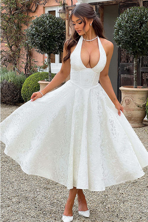 Enchanting Halter-Neck Jacquard Textured Pattern Cinched Waist Flared Maxi Dress