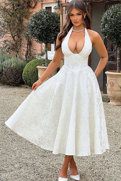 Enchanting Halter-Neck Jacquard Textured Pattern Cinched Waist Flared Maxi Dress