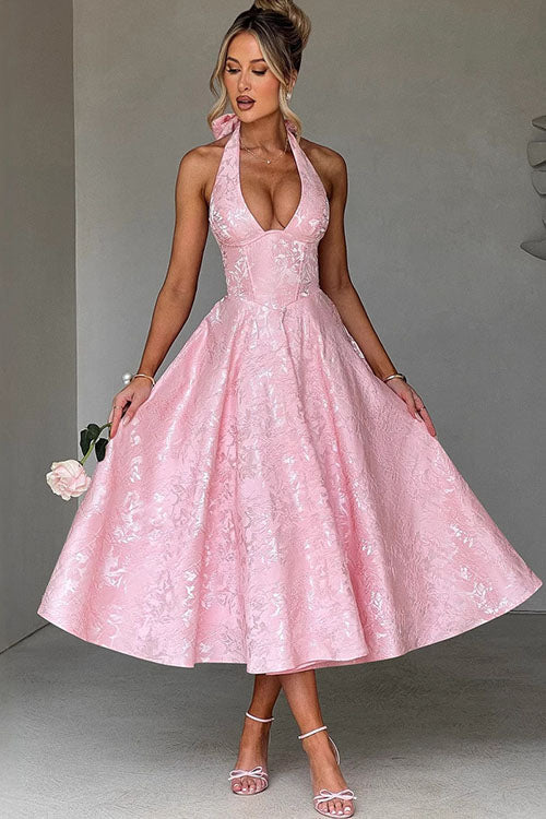 Enchanting Halter-Neck Jacquard Textured Pattern Cinched Waist Flared Maxi Dress