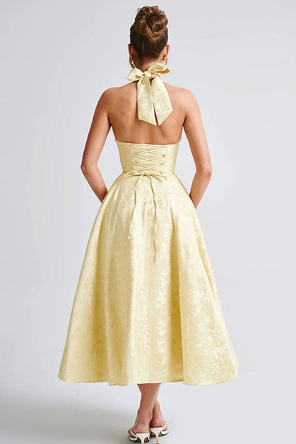 Enchanting Halter-Neck Jacquard Textured Pattern Cinched Waist Flared Maxi Dress
