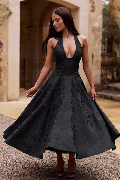 Enchanting Halter-Neck Jacquard Textured Pattern Cinched Waist Flared Maxi Dress