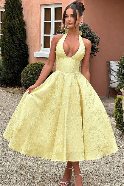 Enchanting Halter-Neck Jacquard Textured Pattern Cinched Waist Flared Maxi Dress