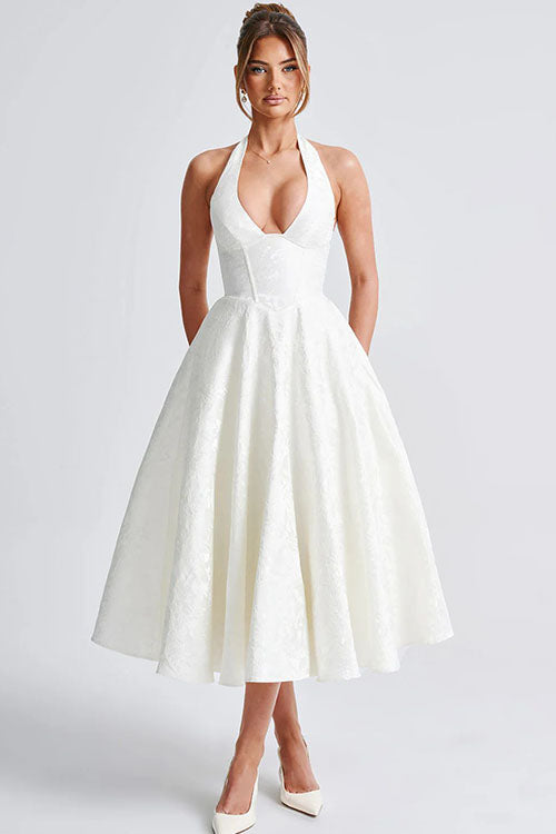 Enchanting Halter-Neck Jacquard Textured Pattern Cinched Waist Flared Maxi Dress