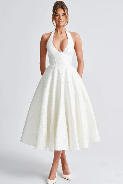 Enchanting Halter-Neck Jacquard Textured Pattern Cinched Waist Flared Maxi Dress