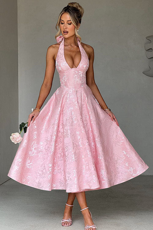 Enchanting Halter-Neck Jacquard Textured Pattern Cinched Waist Flared Maxi Dress