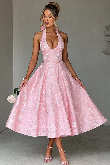 Enchanting Halter-Neck Jacquard Textured Pattern Cinched Waist Flared Maxi Dress