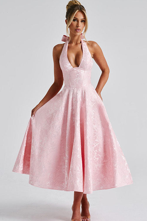 Enchanting Halter-Neck Jacquard Textured Pattern Cinched Waist Flared Maxi Dress