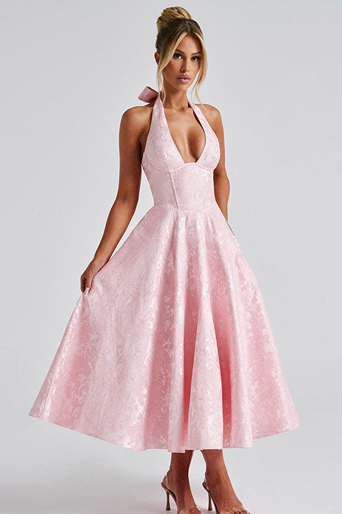 Enchanting Halter-Neck Jacquard Textured Pattern Cinched Waist Flared Maxi Dress