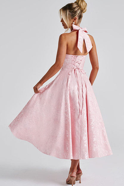 Enchanting Halter-Neck Jacquard Textured Pattern Cinched Waist Flared Maxi Dress