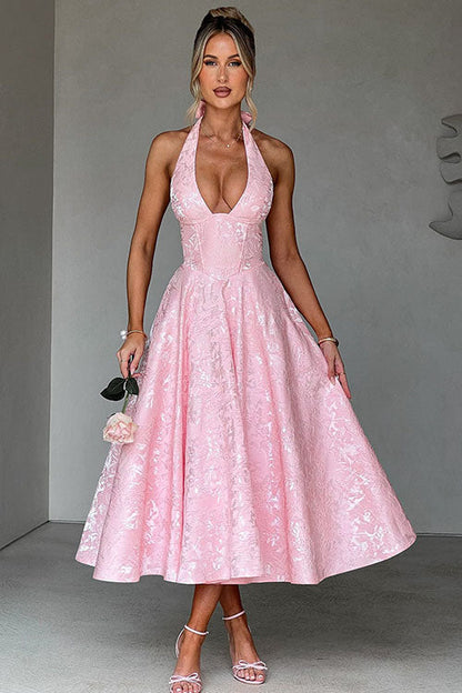 Enchanting Halter-Neck Jacquard Textured Pattern Cinched Waist Flared Maxi Dress