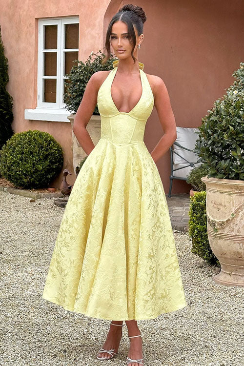 Enchanting Halter-Neck Jacquard Textured Pattern Cinched Waist Flared Maxi Dress