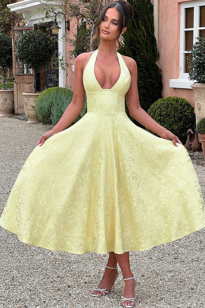 Enchanting Halter-Neck Jacquard Textured Pattern Cinched Waist Flared Maxi Dress