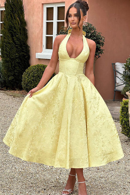 Enchanting Halter-Neck Jacquard Textured Pattern Cinched Waist Flared Maxi Dress