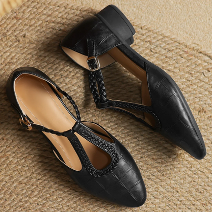 Women's T-Strap Mary Jane Flats with Pointed Toe and Classic Design