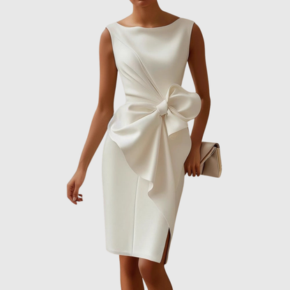 Women's Boat Neck Midi Dress with Sleeveless Design and Bow Detail