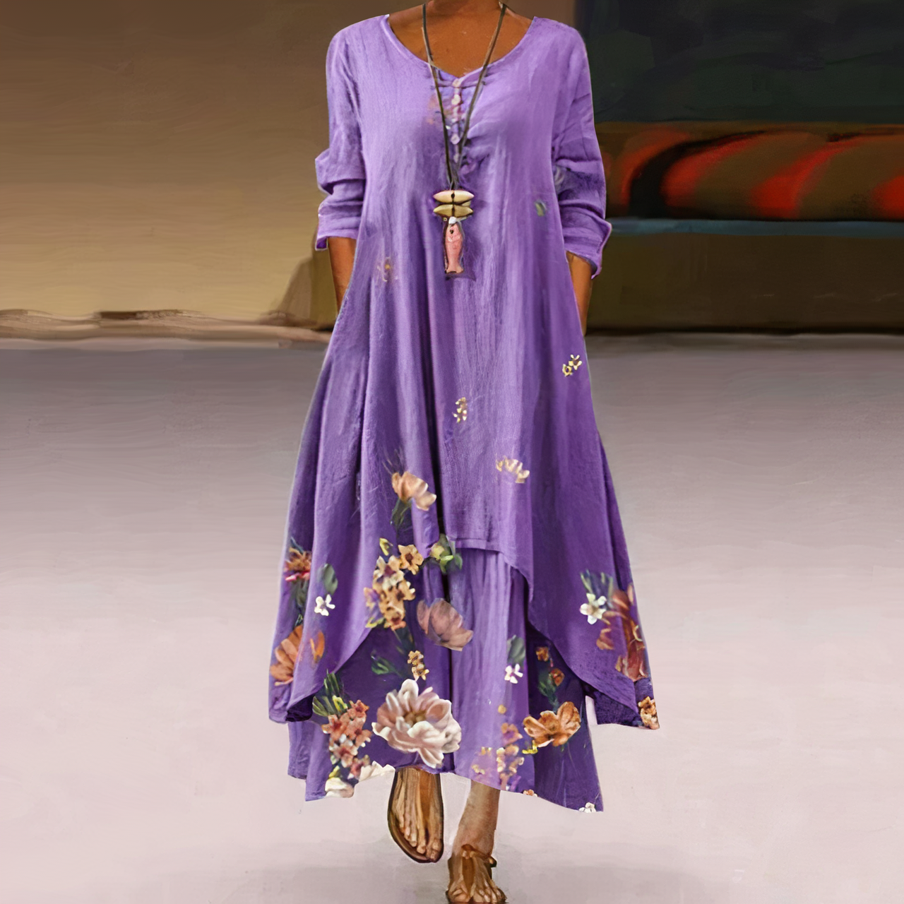 Women’s Floral Chiffon Maxi Dress – Elegant Draped Flowing Silhouette Dress