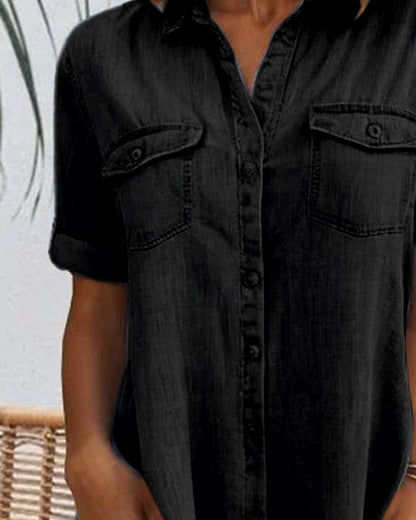 Women's Denim-Style Dress with Short Sleeves and Relaxed Fit