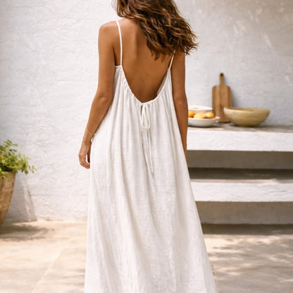 Effortlessly Spaghetti Strap Linen Gathered Neckline Pockets Breathable Maxi Dress