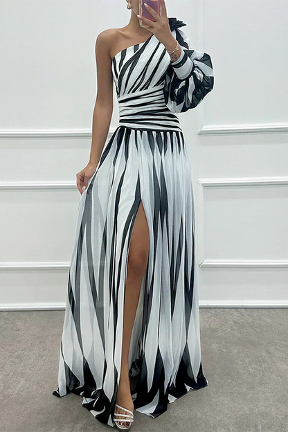 Timeless Elegant One Shoulder Asymmetric Striped Satin Flowing Evening Wear Maxi Dress