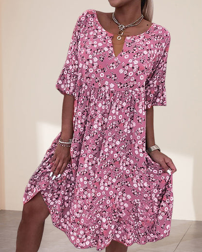 Women's Floral Print Midi Dress with V-Neck and Short Sleeves