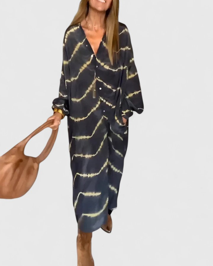 Alluring Statement Making Tie-Dye Print Premium-Cotton Button-Down Midi Shirt Dress