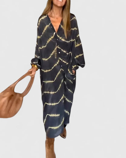 Alluring Statement Making Tie-Dye Print Premium-Cotton Button-Down Midi Shirt Dress