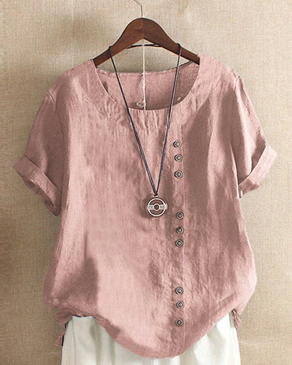 Women's Casual Short Sleeve Top with Button Front and Crew Neck