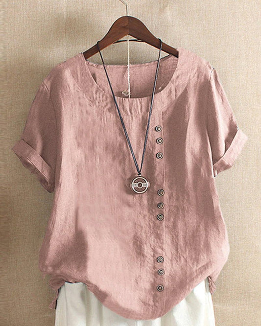Women's Casual Short Sleeve Top with Button Front and Crew Neck