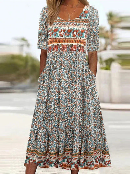Women's Bohemian Print Dress with Round Neckline and Flowy Skirt
