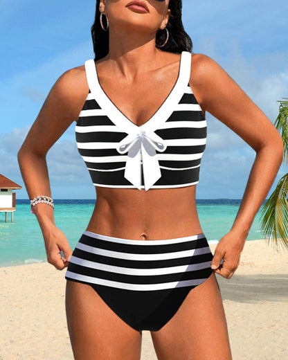 Women's Striped Bikini Set with High Waist and Adjustable Straps