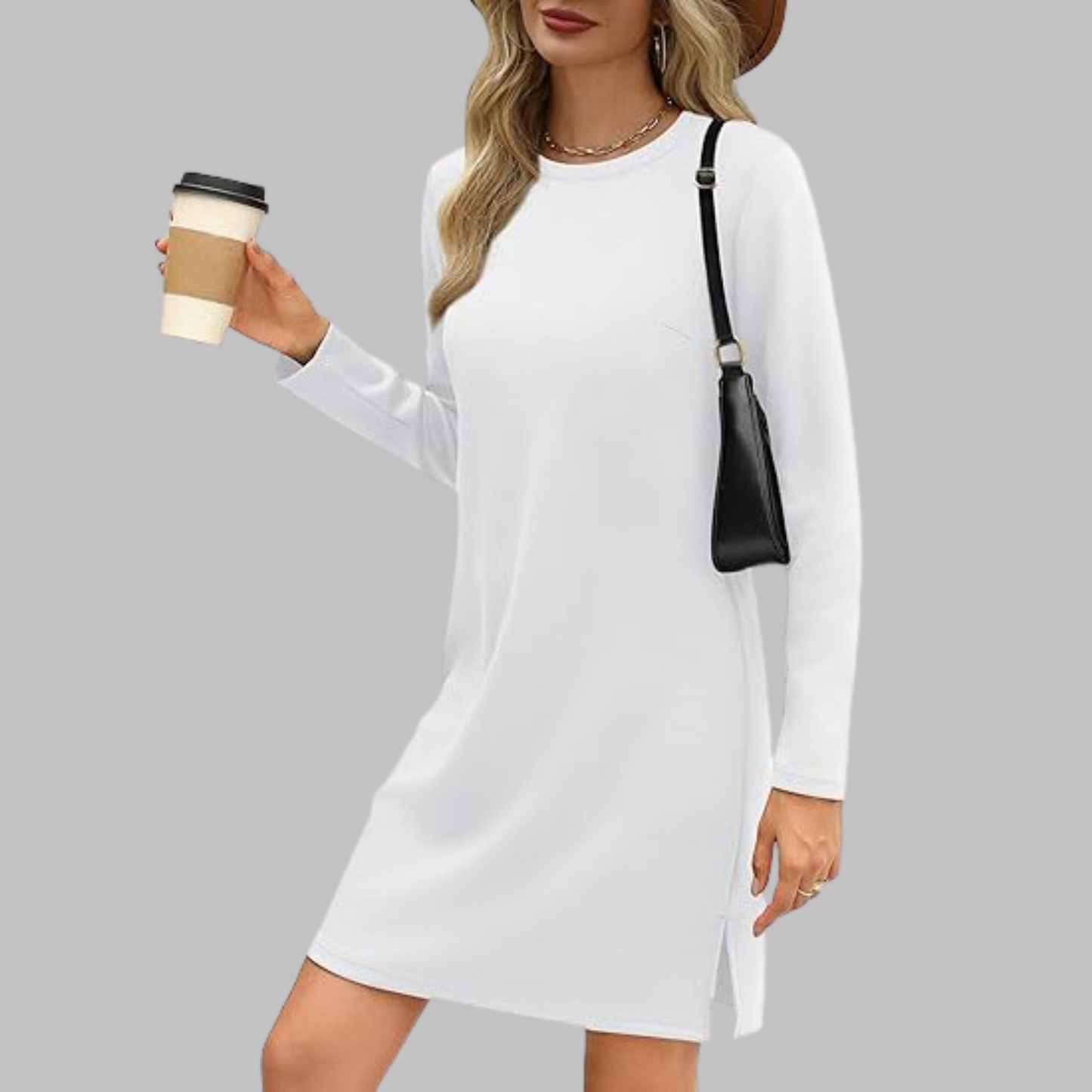 Women's Long Sleeve Round Neck Dress with Relaxed Fit and Versatile Style