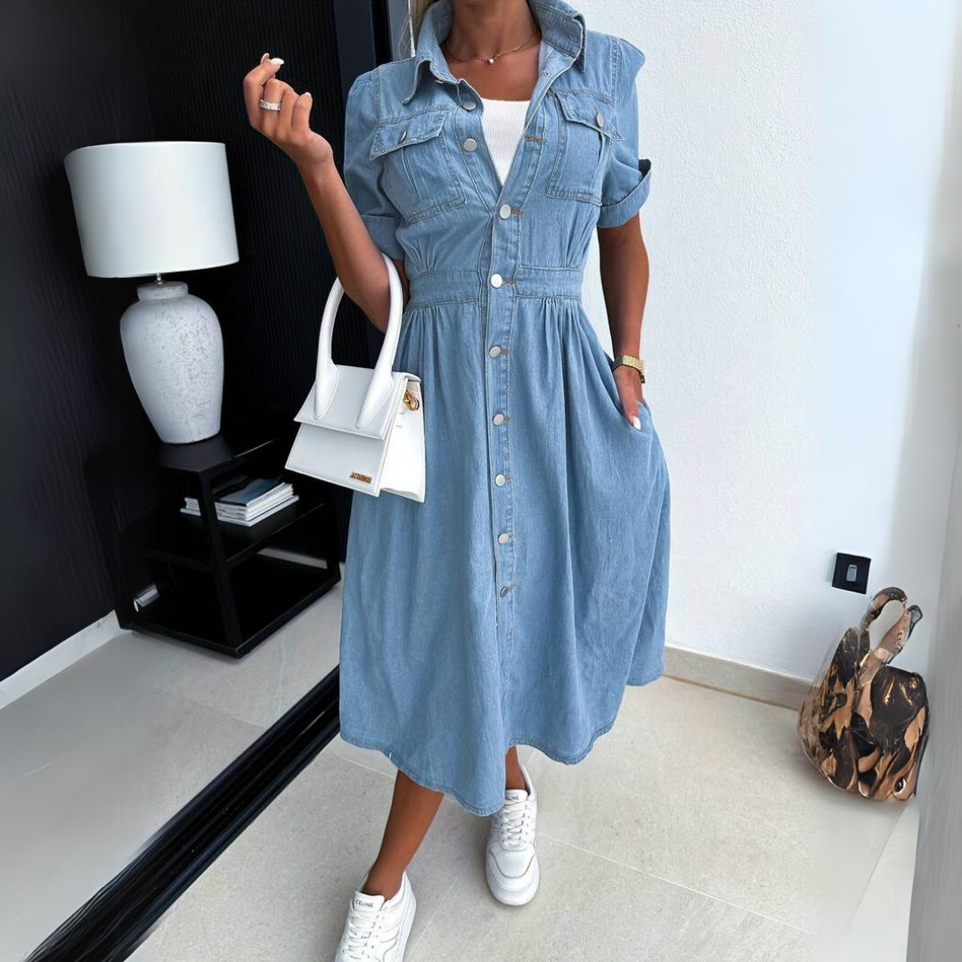 Supremely Sophisticated Buttonfront Denim With Contoured Cinched Waist Midi Dress
