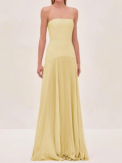Women’s Sage Green Silk Maxi Dress – Elegant Strapless Pleated Charmeuse Evening Formal Dress