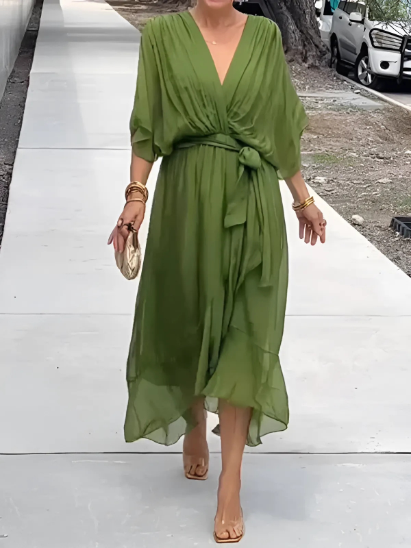 Timeless Elegant Wrap Front Georgette Chiffon Multiway Flex Draped Silhouette Midi Dress