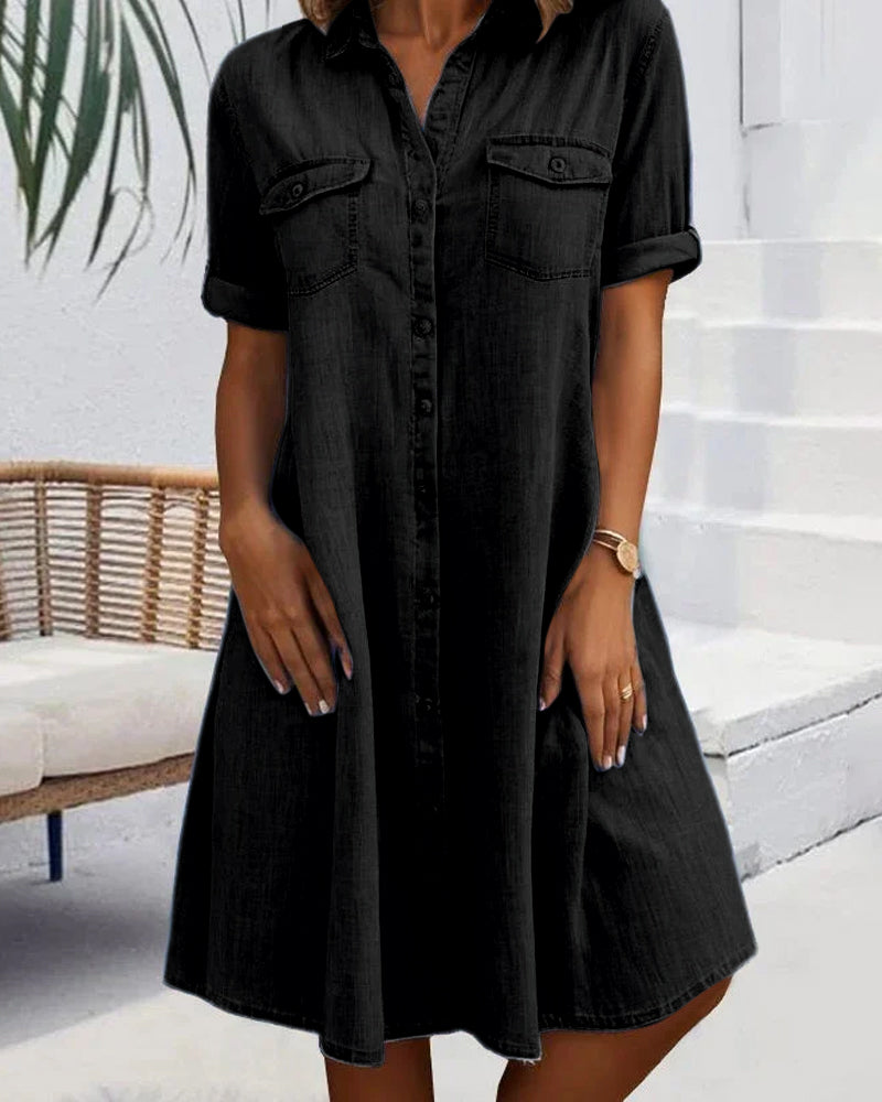 Women's Denim-Style Dress with Short Sleeves and Relaxed Fit