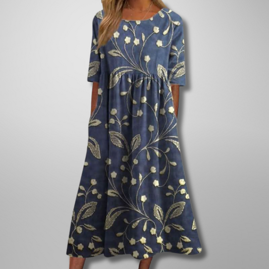 Effortlessly Sophisticated Luxurious Linen Floral Print Flowing Silhouette Midi Dress
