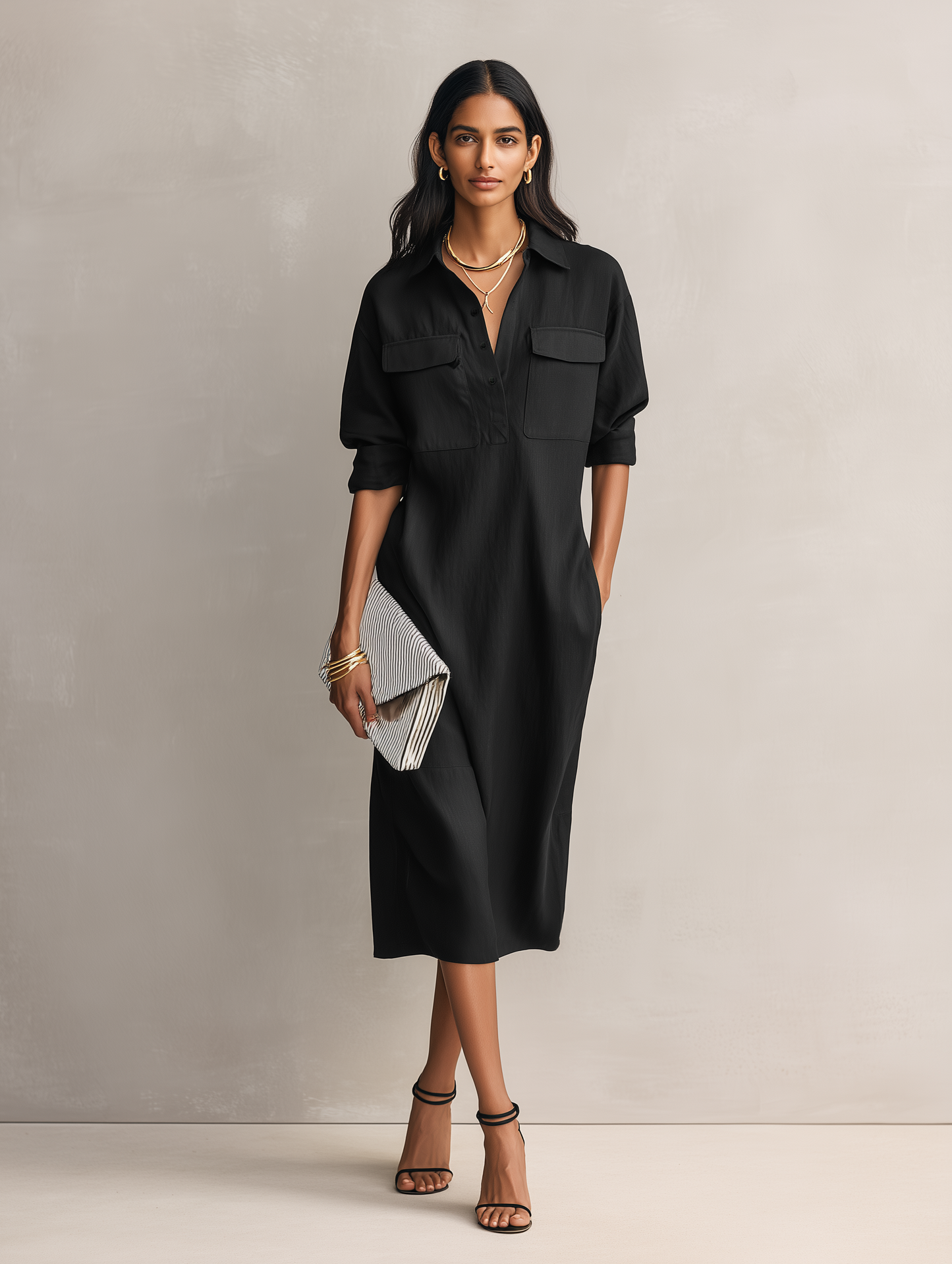 Women’s Cotton Linen Midi Dress – Classic Shirt Collar Breathable All-Day Comfort Dress