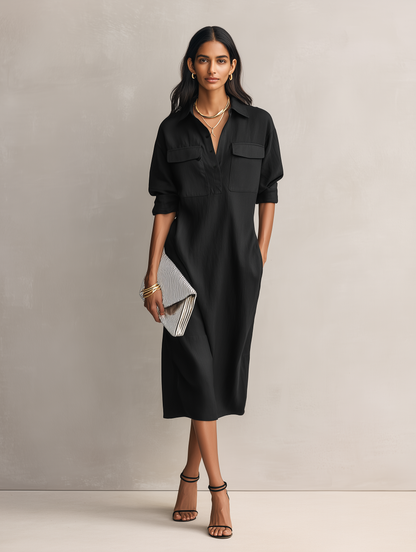 Women’s Cotton Linen Midi Dress – Classic Shirt Collar Breathable All-Day Comfort Dress