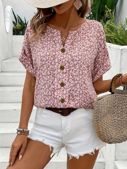 Women's Floral Print Blouse with Short Sleeves and Lightweight Fabric