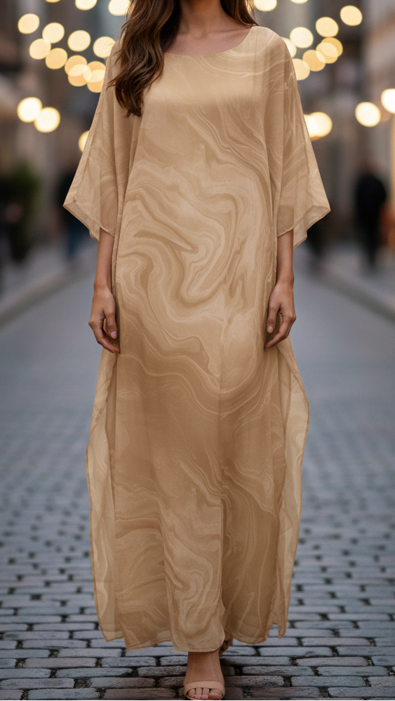 Women’s Golden Chiffon Kaftan Maxi Dress – Elegant Batwing Sleeve Evening Wear Dress