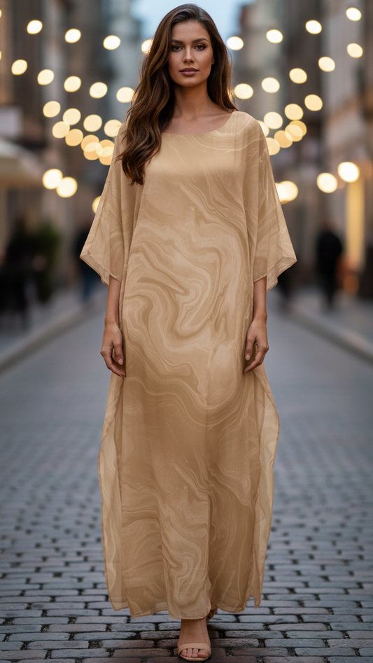Women’s Golden Chiffon Kaftan Maxi Dress – Elegant Batwing Sleeve Evening Wear Dress