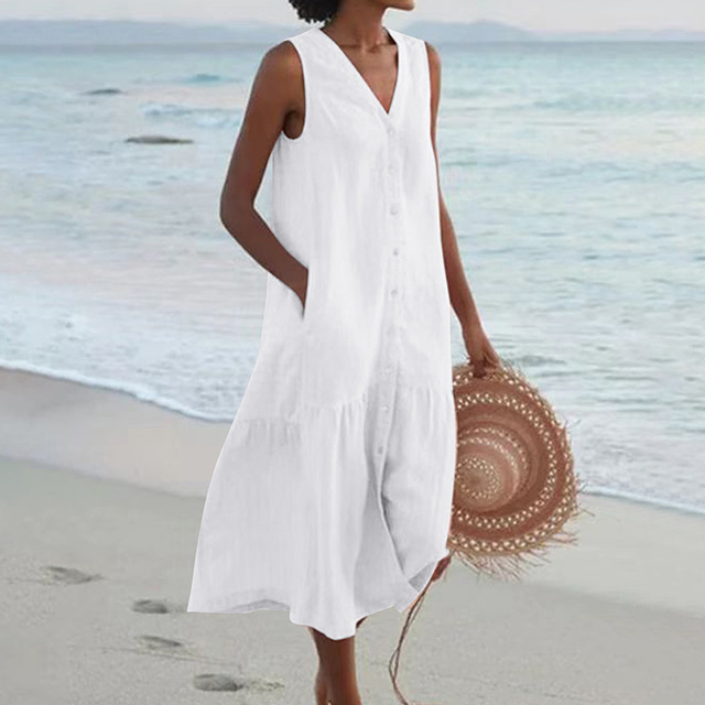Women’s Crepe Midi Dress – Timeless Elegant Sleeveless Button Front Slimming Silhouette Dress