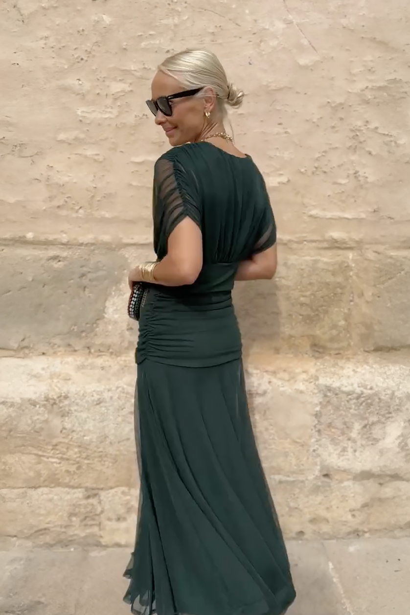 Charming Elegant V-Neck Flowing Silhouette Fantasy Printed Pleated Waist Maxi Dress