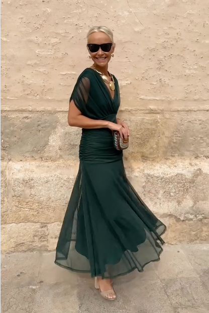 Charming Elegant V-Neck Flowing Silhouette Fantasy Printed Pleated Waist Maxi Dress