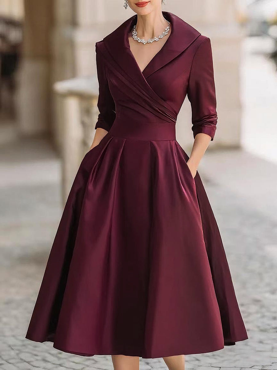 Vintage Inspired Draped Shawl Collar Black Satin Elegantly Fitted Bodice Midi Dress