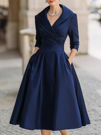 Vintage Inspired Draped Shawl Collar Black Satin Elegantly Fitted Bodice Midi Dress